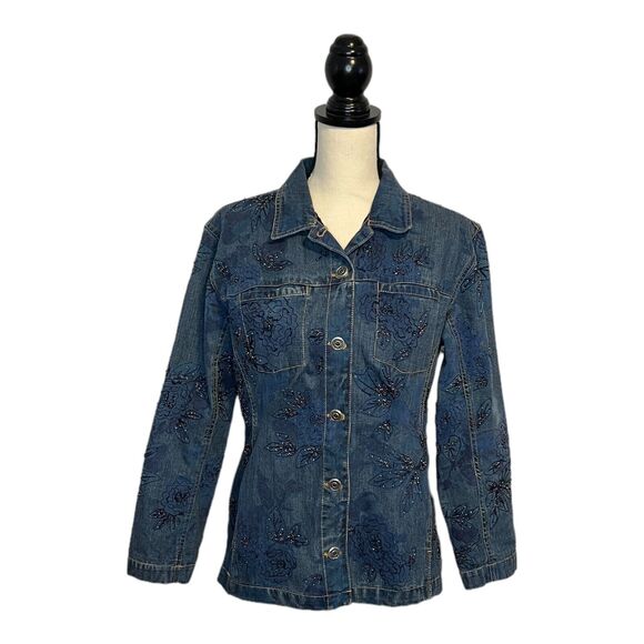 Rare Chico’s Design Denim Jean Jacket Floral Embroidery Beading Size 1 Small - Picture 2 of 6